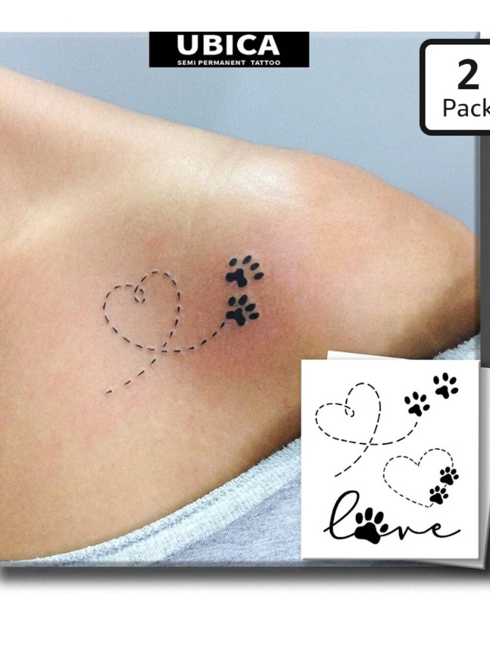 Semi Permanent Tattoo, Heart Pet Paw Love Script Design, Small
